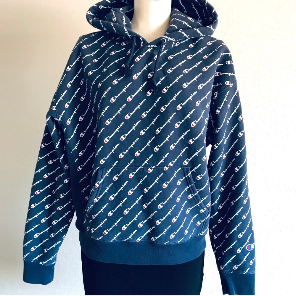 Champion All-Over Diagonal Logo Reverse Weave Hoody Sweatshirt Mens Size XL  EUC
